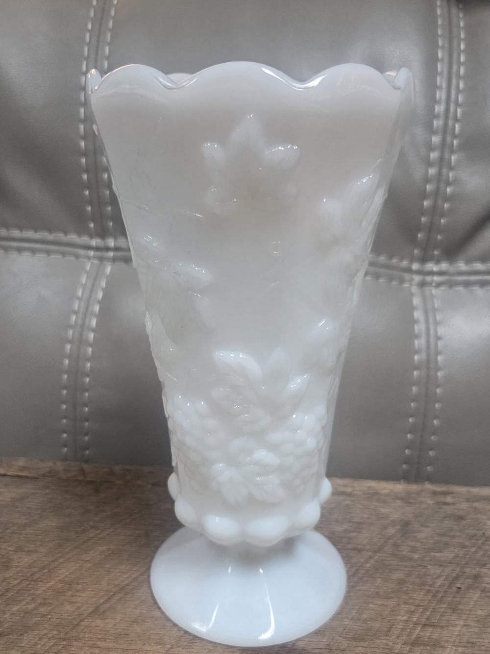 Vintage White Milk Glass Floral Pedestal Vase ~ Bin 1B